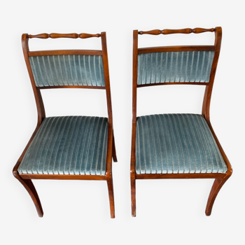 Classic wooden chair with blue fabric seat and back