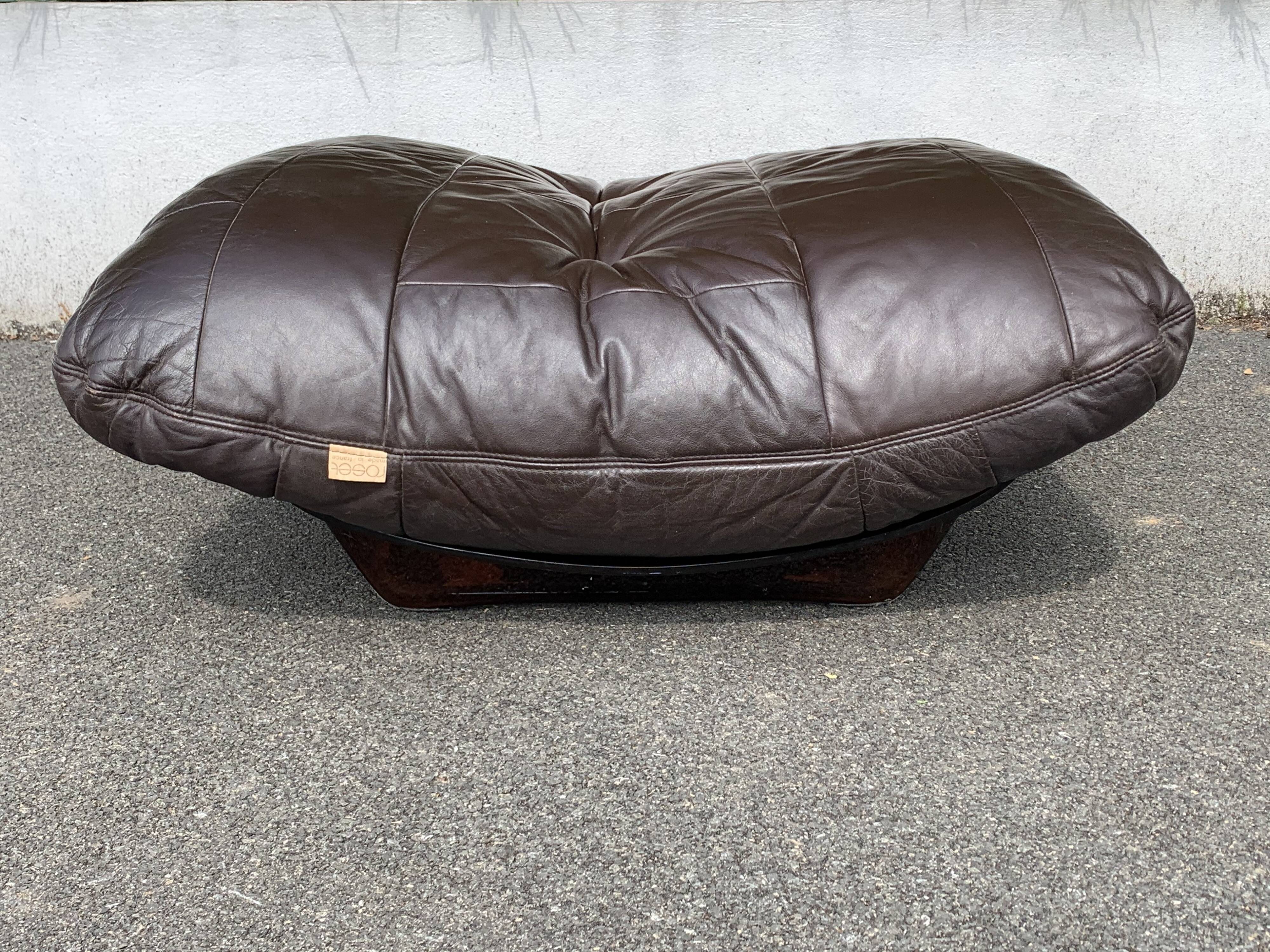 Pair of armchairs and ottoman leather Marsala by Michel Ducaroy for Ligne Roset 1970