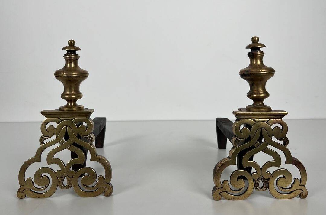 Pair of Chiselled Bronze and Wrought Iron Chenets in Louis XV Style