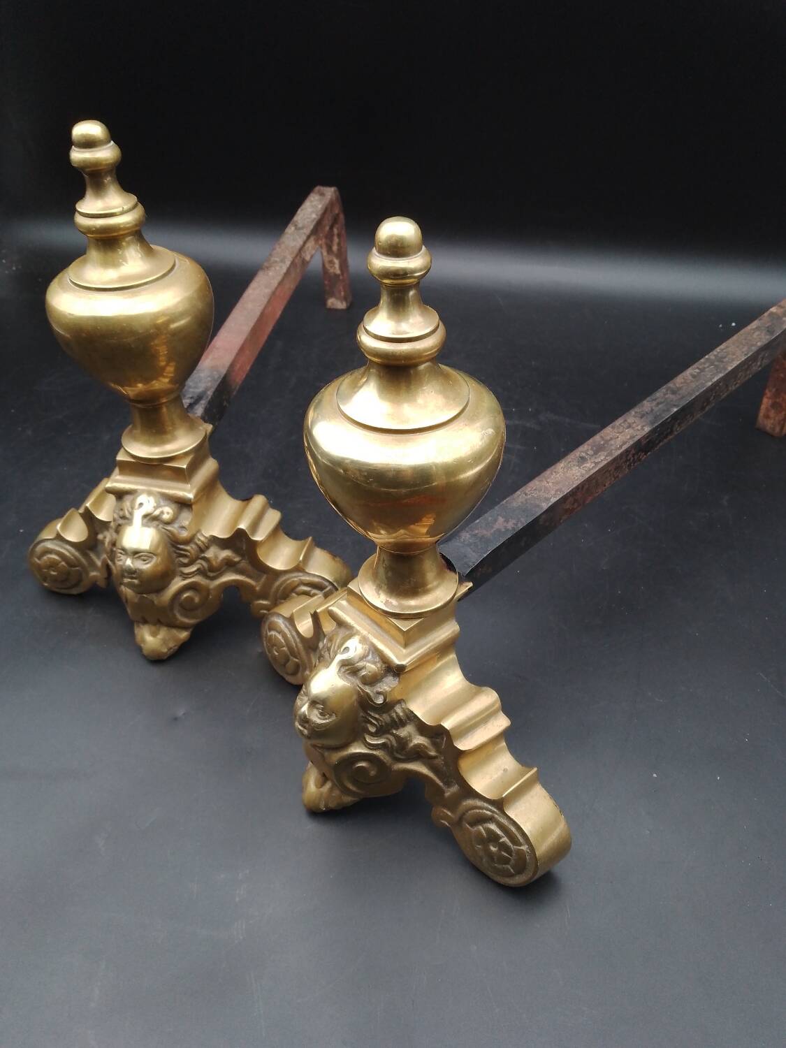 Pair of Fireplace Andirons in Brass Decor Cast Iron Marmousets Louis XIV Loft Style