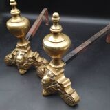 Paires de Chenets Cheminée En laiton Decor marmousets fonte Style Louis XIV Loft