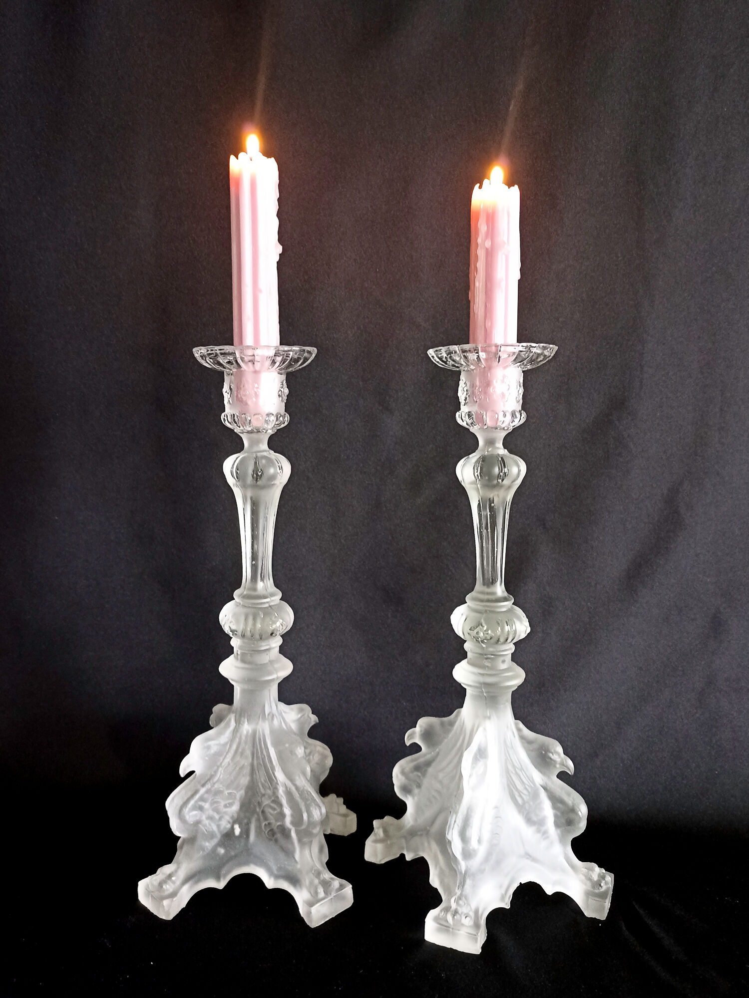 Pair of pressed molded glass candlesticks from Val St Lambert model Griffon