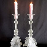 Pair of pressed molded glass candlesticks from Val St Lambert model Griffon