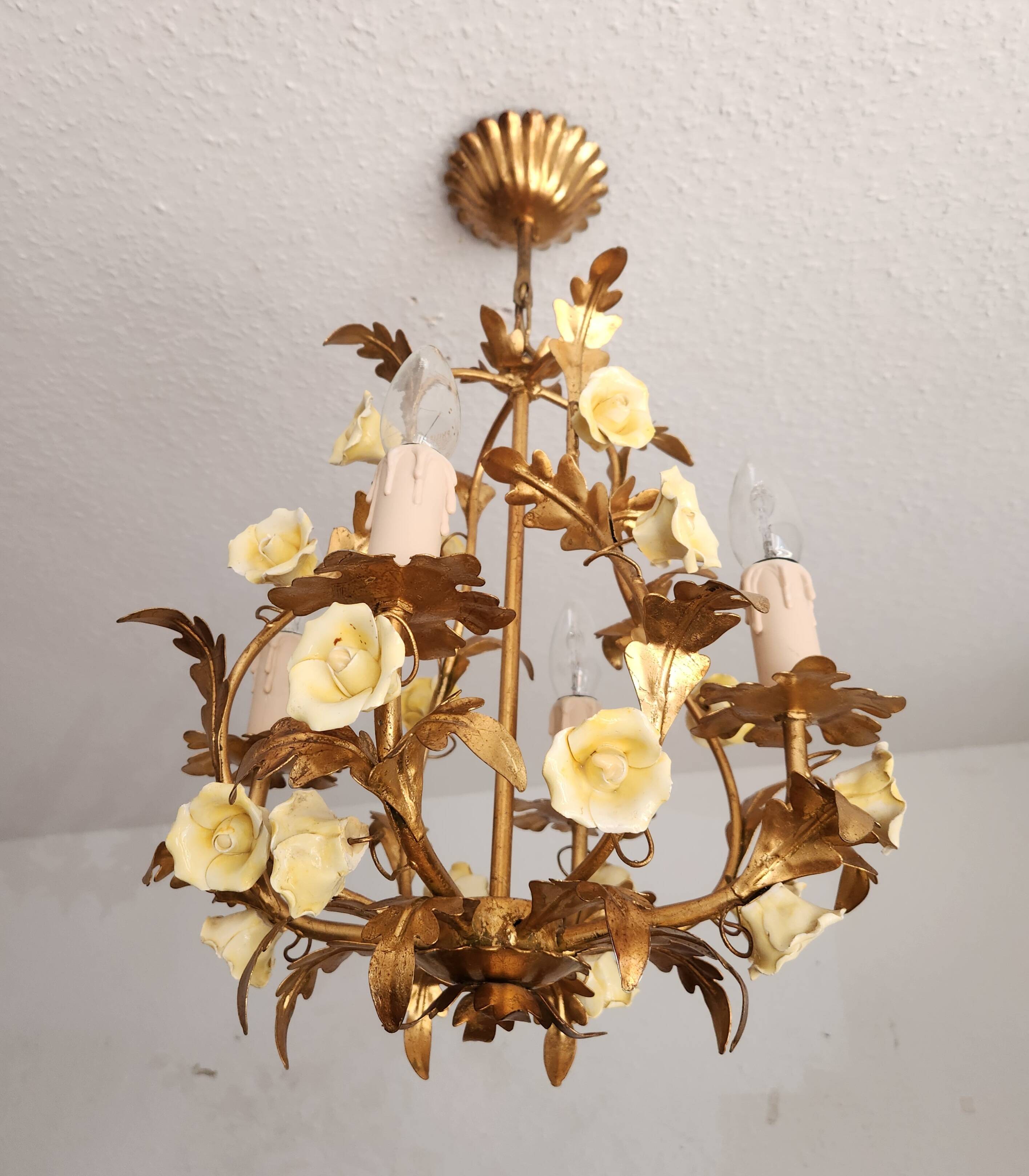 Vintage gilded hand-forged Florentine ceiling light with porcelain roses.