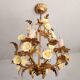 Vintage gilded hand-forged Florentine ceiling light with porcelain roses.