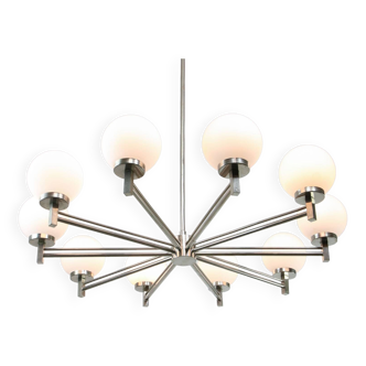 Large Vintage Italian 10-Arm Chrome & Opaline Chandelier, 70s