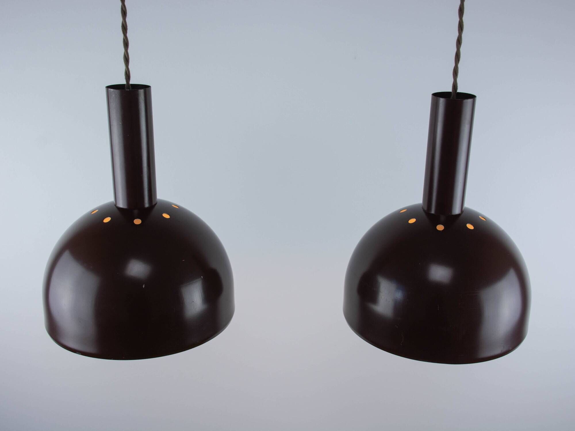 Set of 2 Mid-Century Modern Brown Metal Hanging Lamps