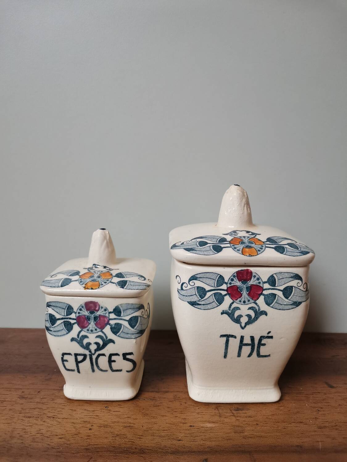 Set of 2 pot box spices tea vintage ceramic Longchamp model Mérida art nouveau