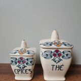 Set of 2 pot box spices tea vintage ceramic Longchamp model Mérida art nouveau