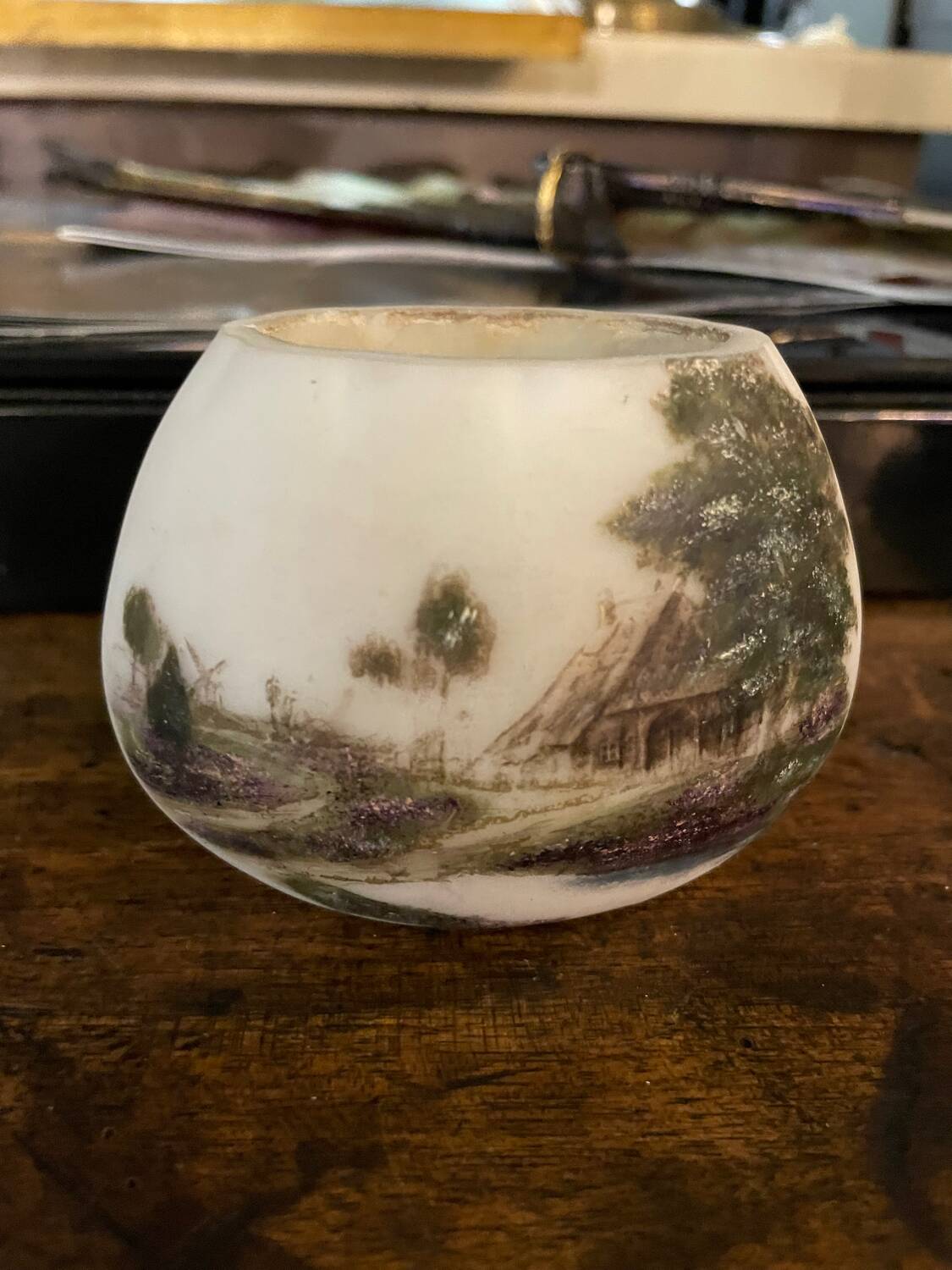 Art Deco opal vase with landscape decor