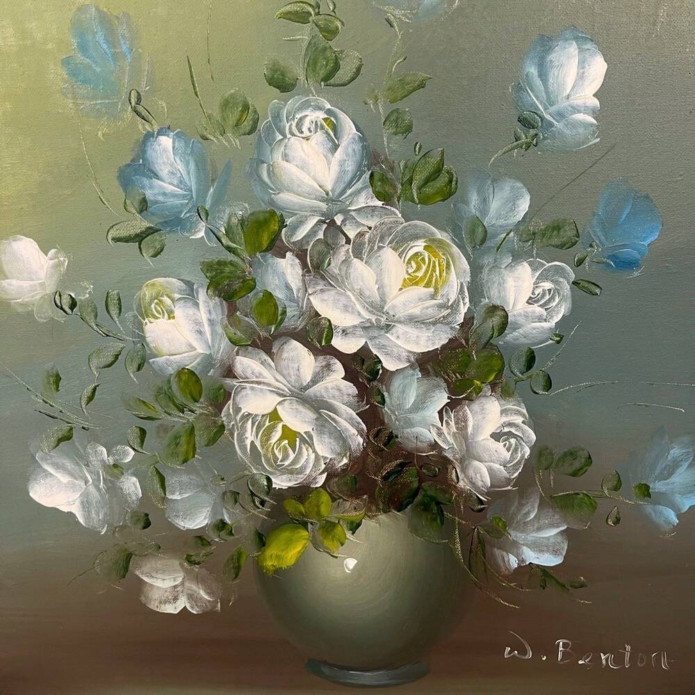 Nature Morte huile sur toile bouquet de roses blanches