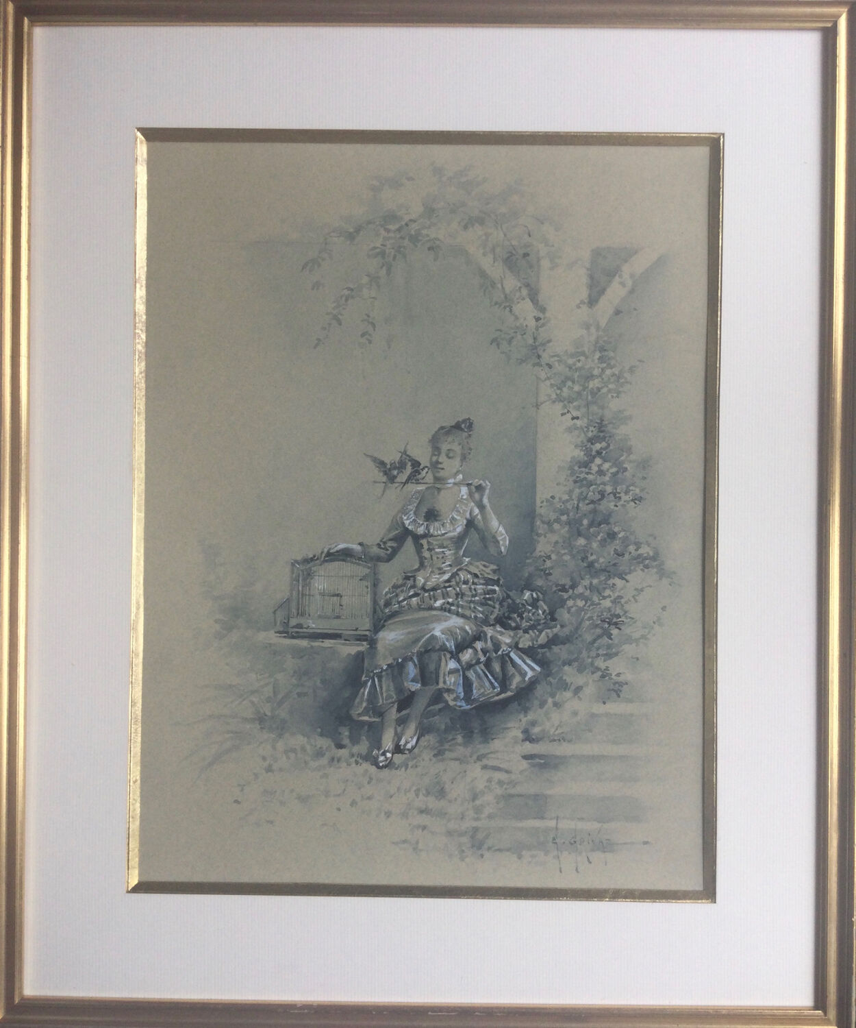 Elegant with birds, wash and gouache by Eugene GRIVAZ, 1860-1918