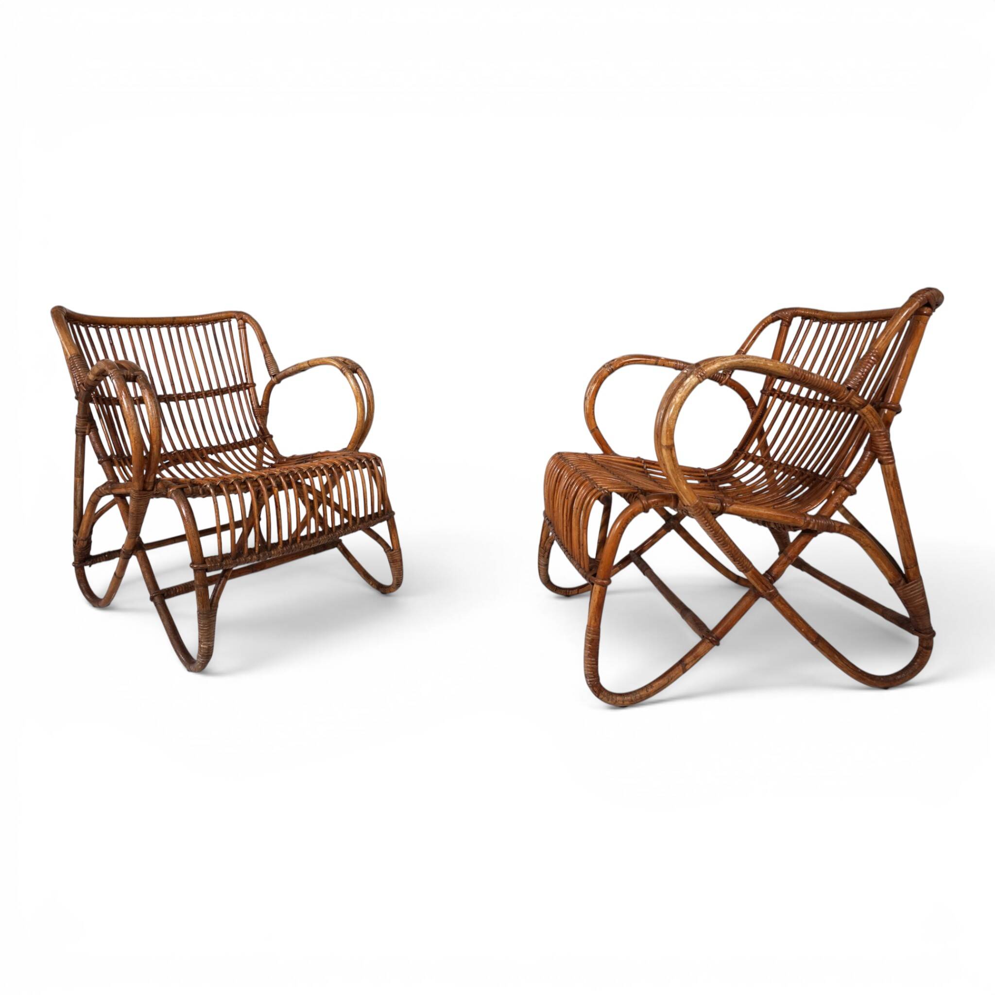 French Pair Vintage Rattan Bamboo Lounge Chairs, 1960