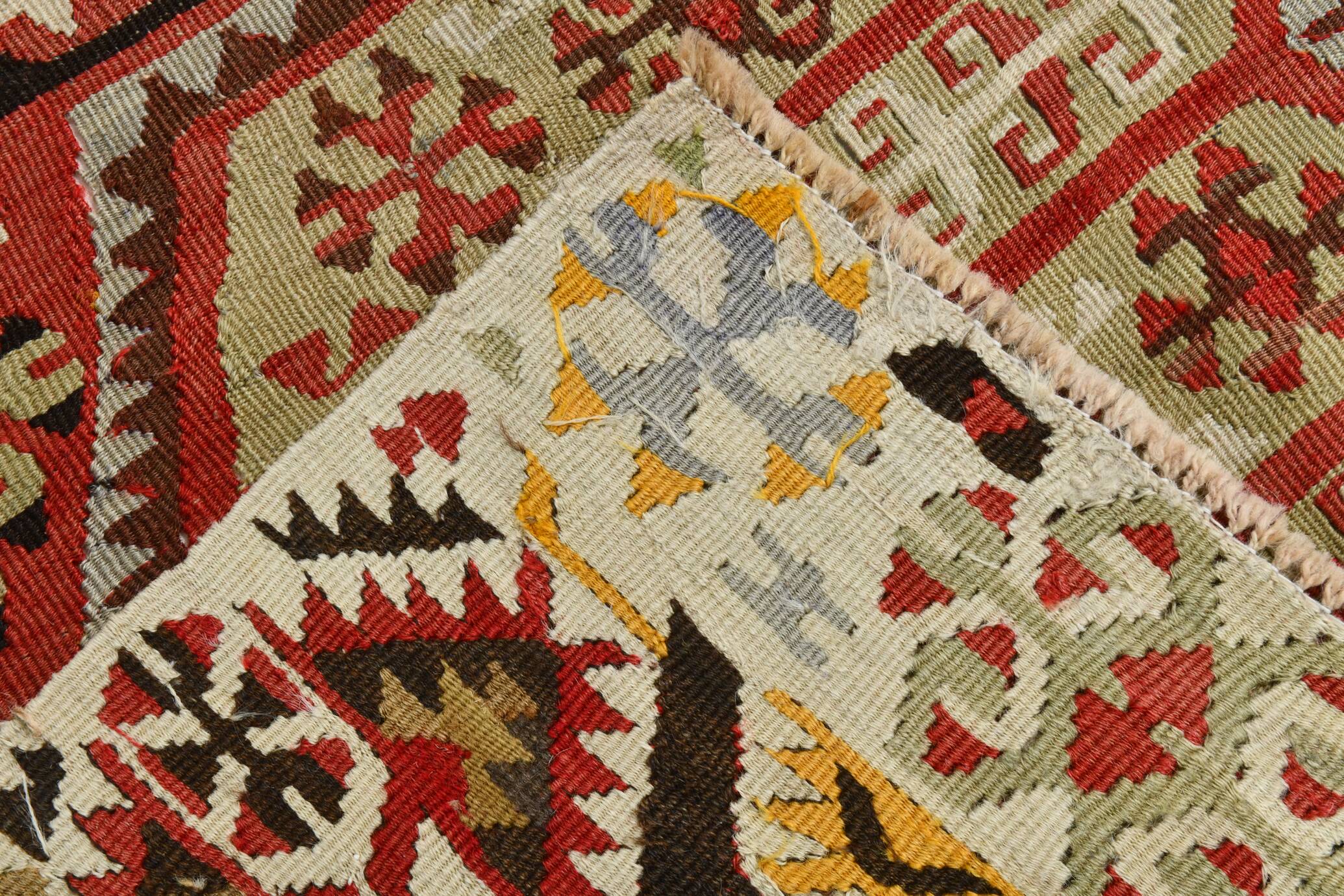 6x13 Beige & Red Wool Kilim Rug, 193x406Cm