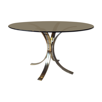 Table de salon dorée et chrome avec plateau rond en verre fumé 1970