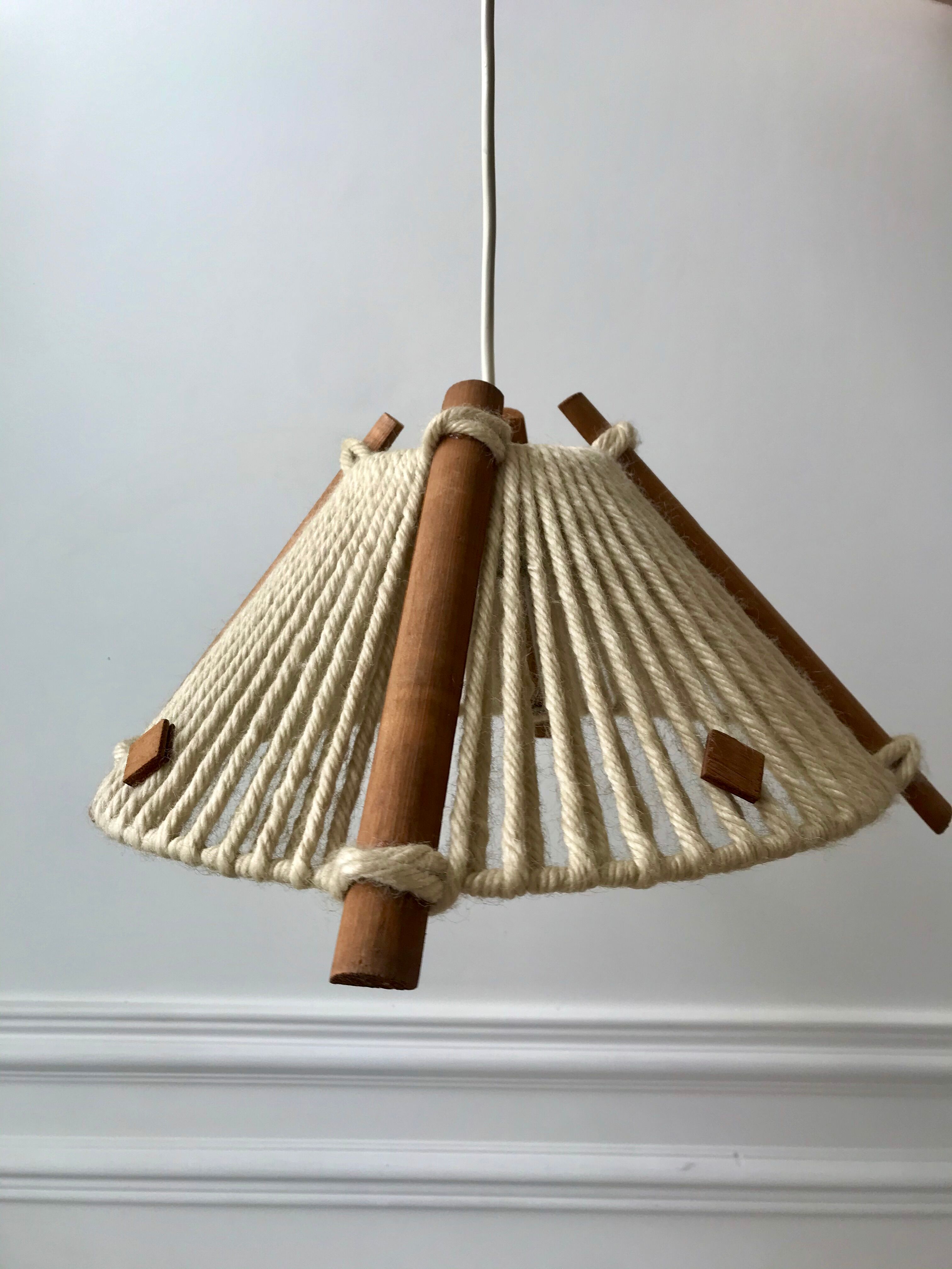 Scandinavian suspension lamp in wood and wool made in gdr 60s