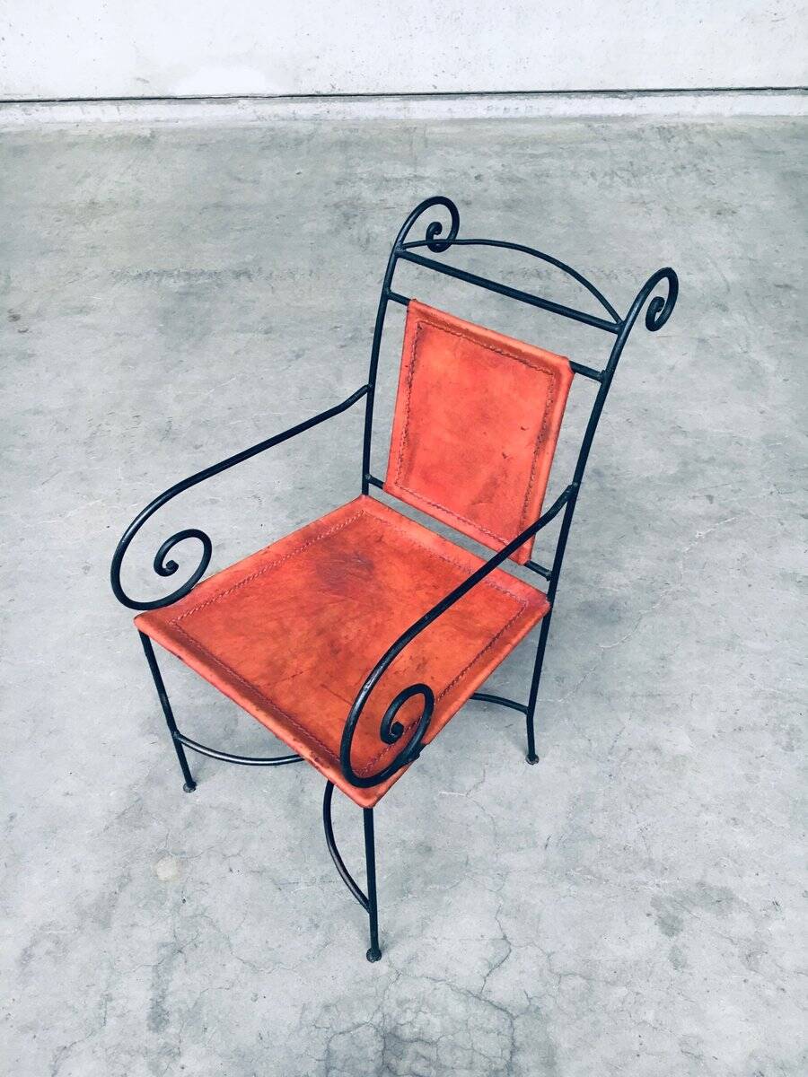 Wrought Iron and Leather Swirl Dining Chairs, Spain, 1960s, Set of 6