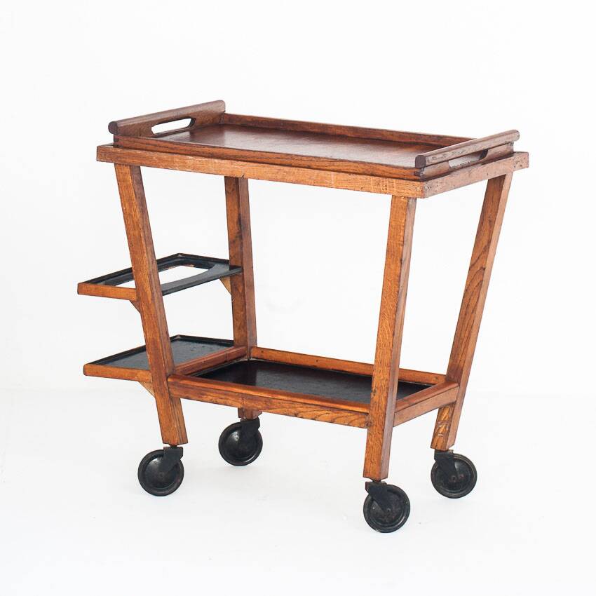 Vintage oak bar cart with removable tray. France 1950s.