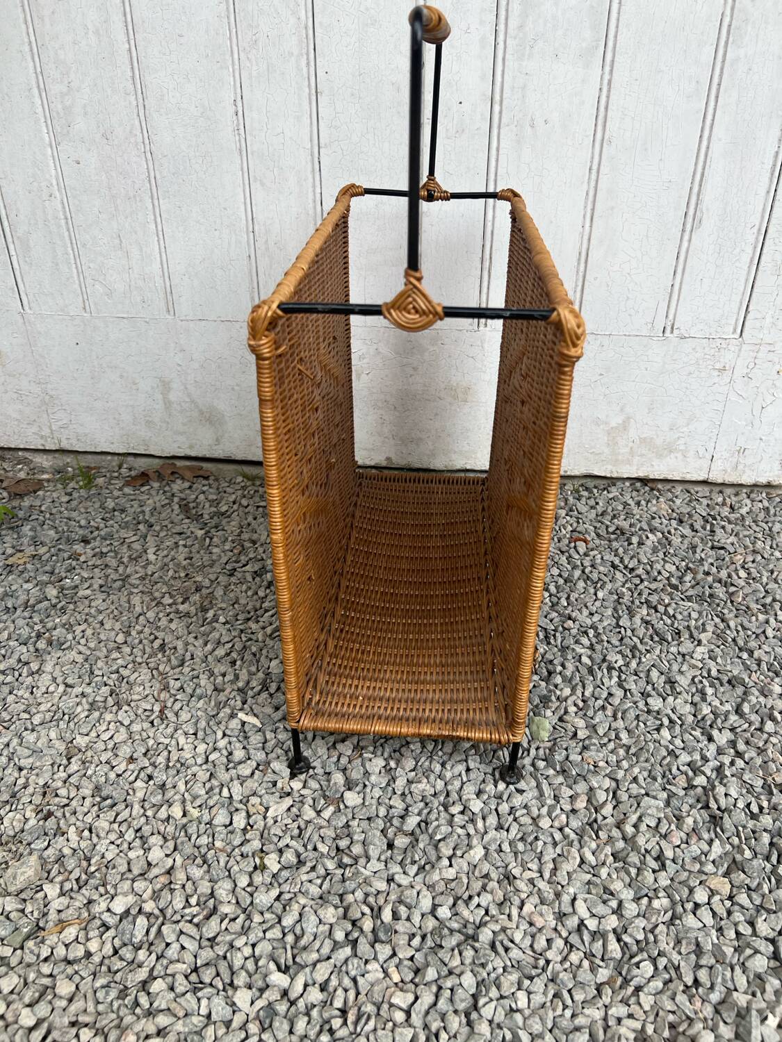 Vintage rattan and black metal magazine rack