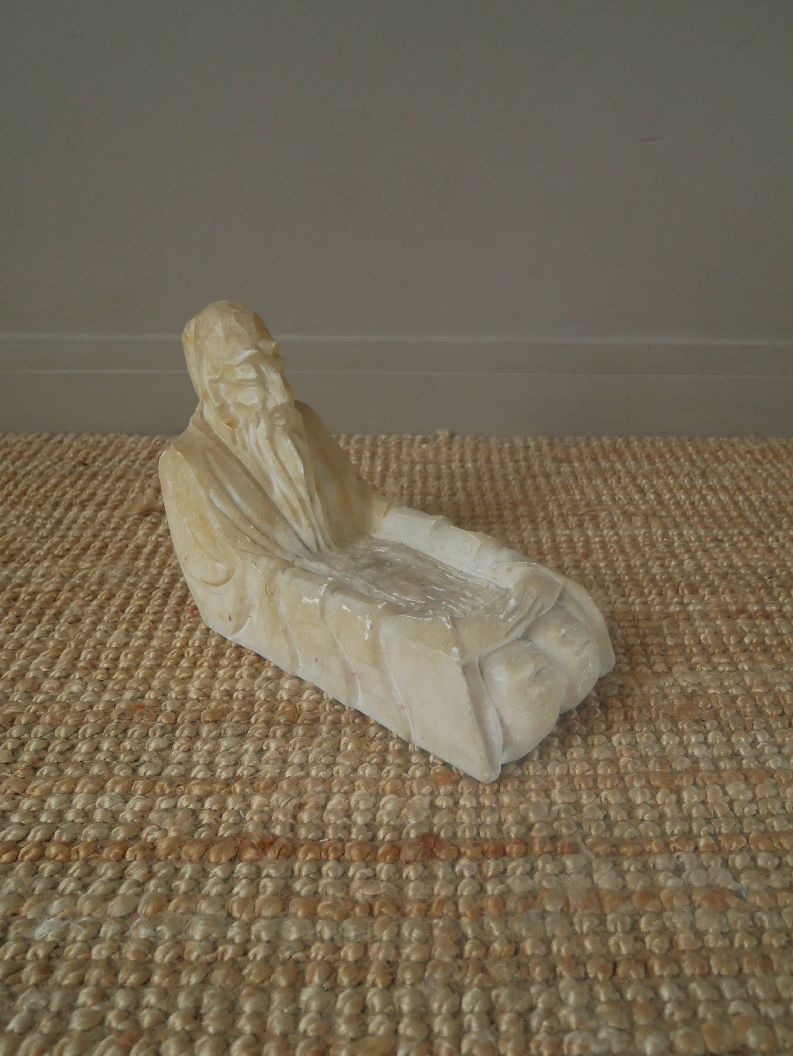 Alabaster sculpture empty pocket Asian decoration object handcrafted countryside seated man