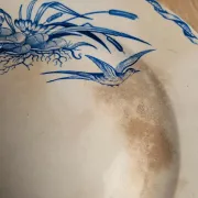 Compotier sur pied bas Terre de fer HB Choisy-le-Roi – Décor oiseaux bleu