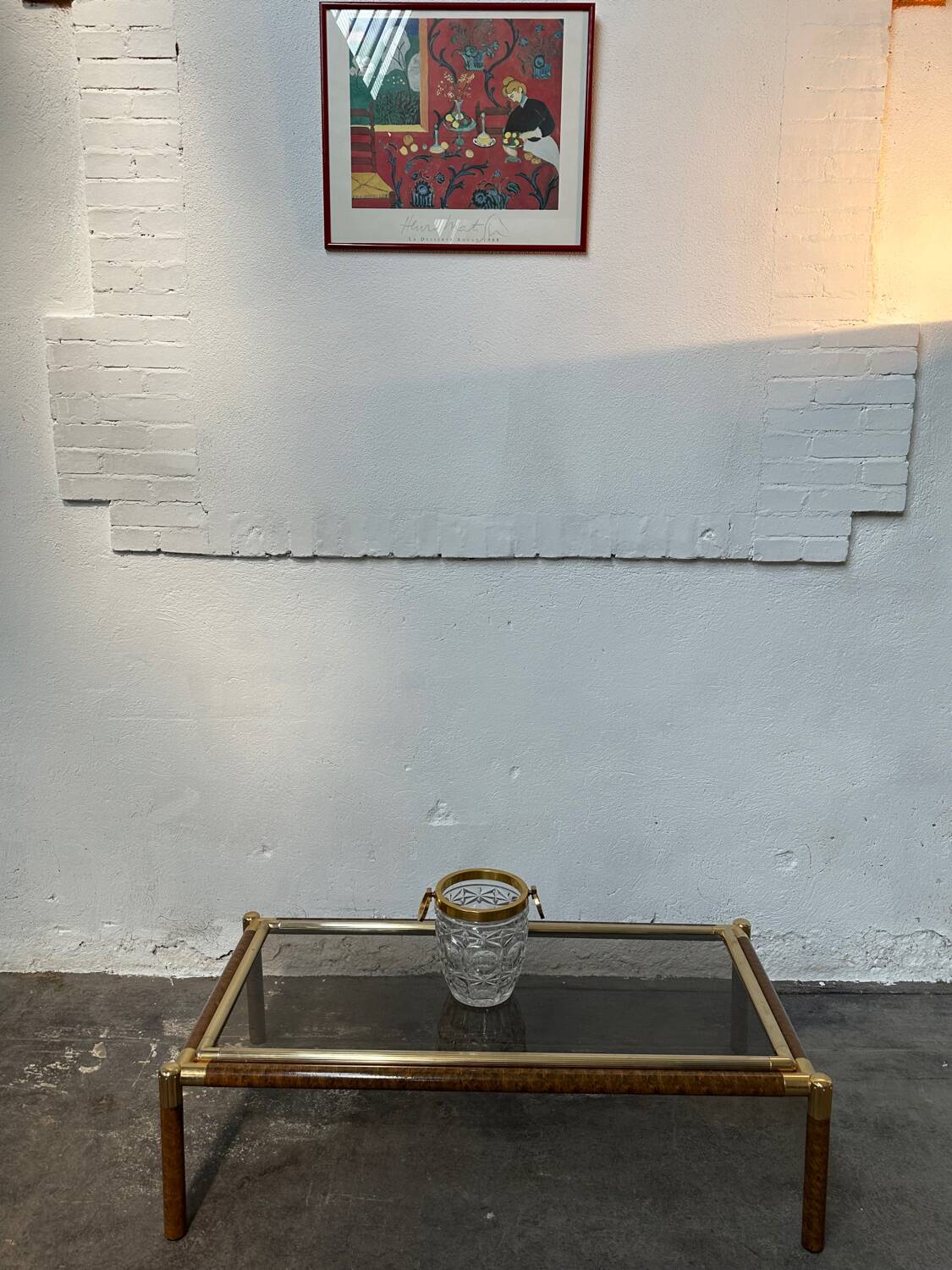 Gold-tone metal and imitation elm burl coffee table