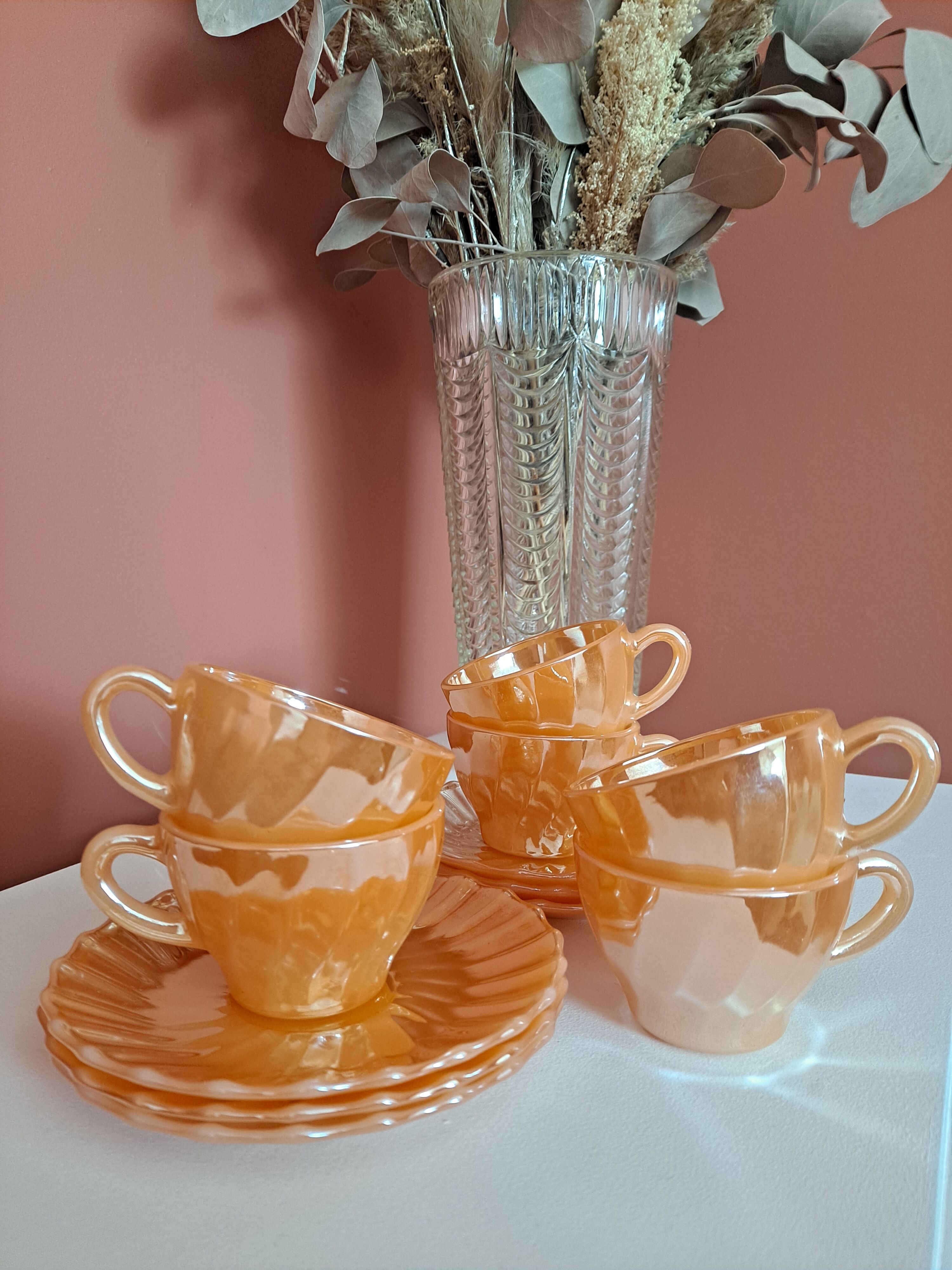 Coffee set 6 cups and sub-cups Termocrisa Mexico Pêche