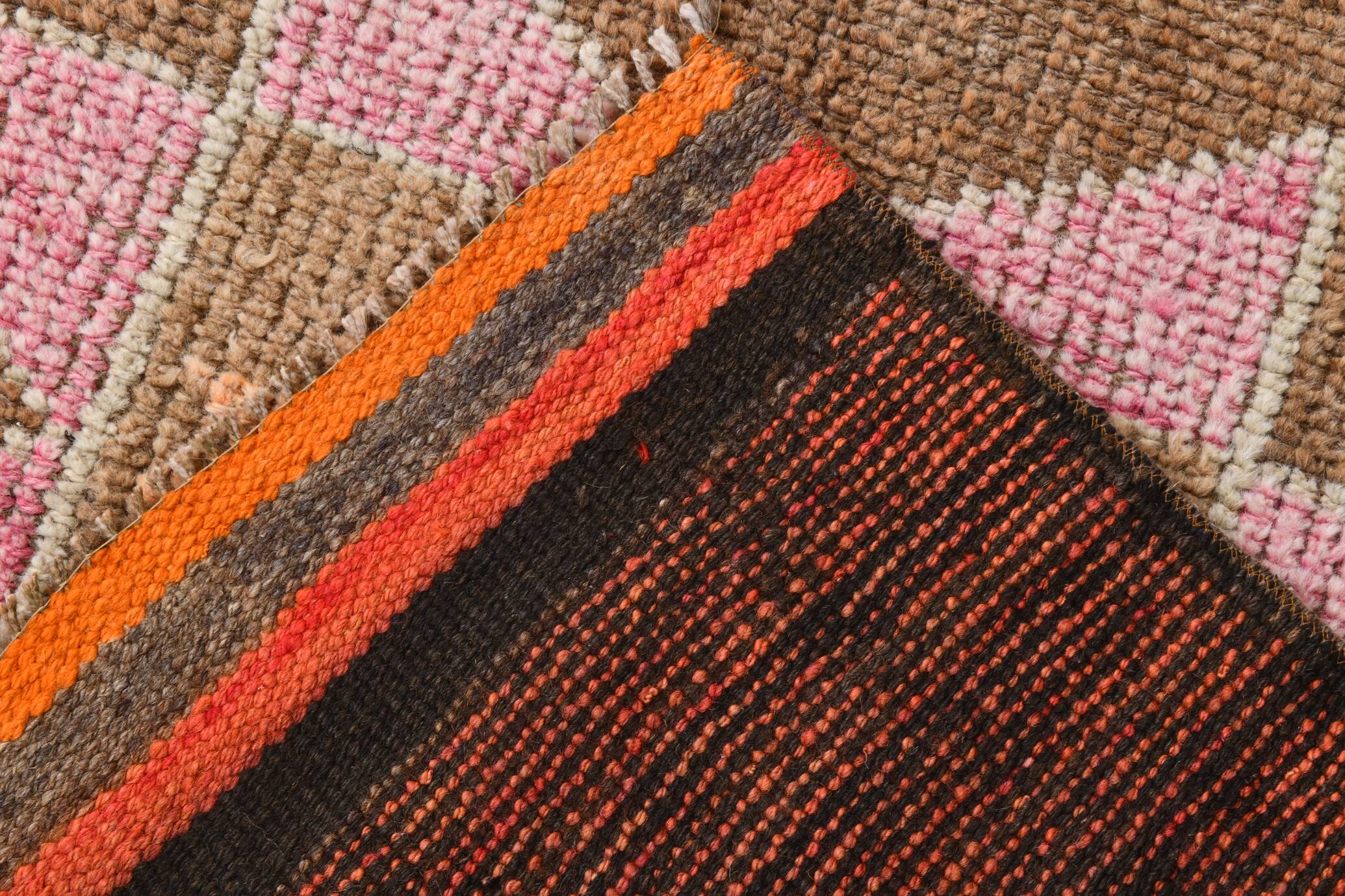 3x11 Pink and Brown Rare Colors Runner Rug, Wool Kilim Rug, 94x320Cm