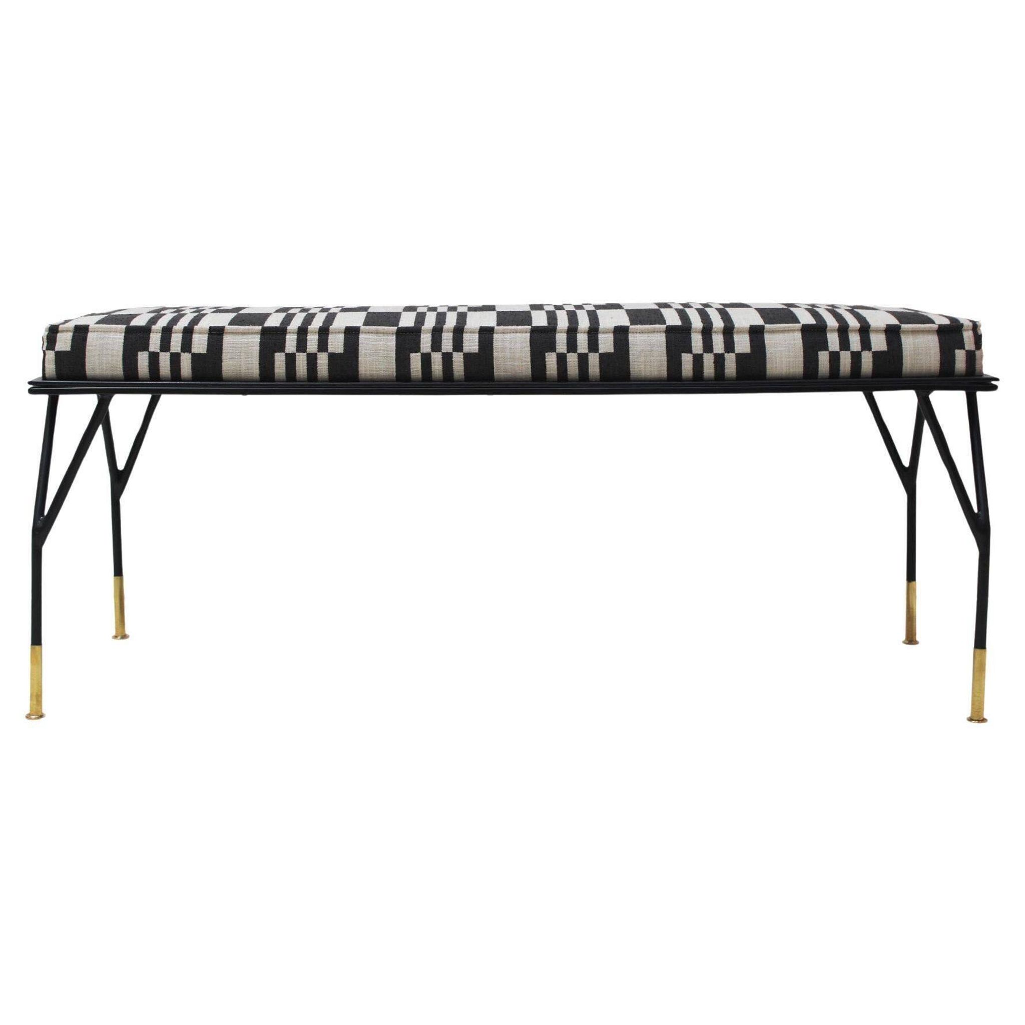 Modern Black Lacquered Iron and Patterned Fabric, 1970s Italian Stool