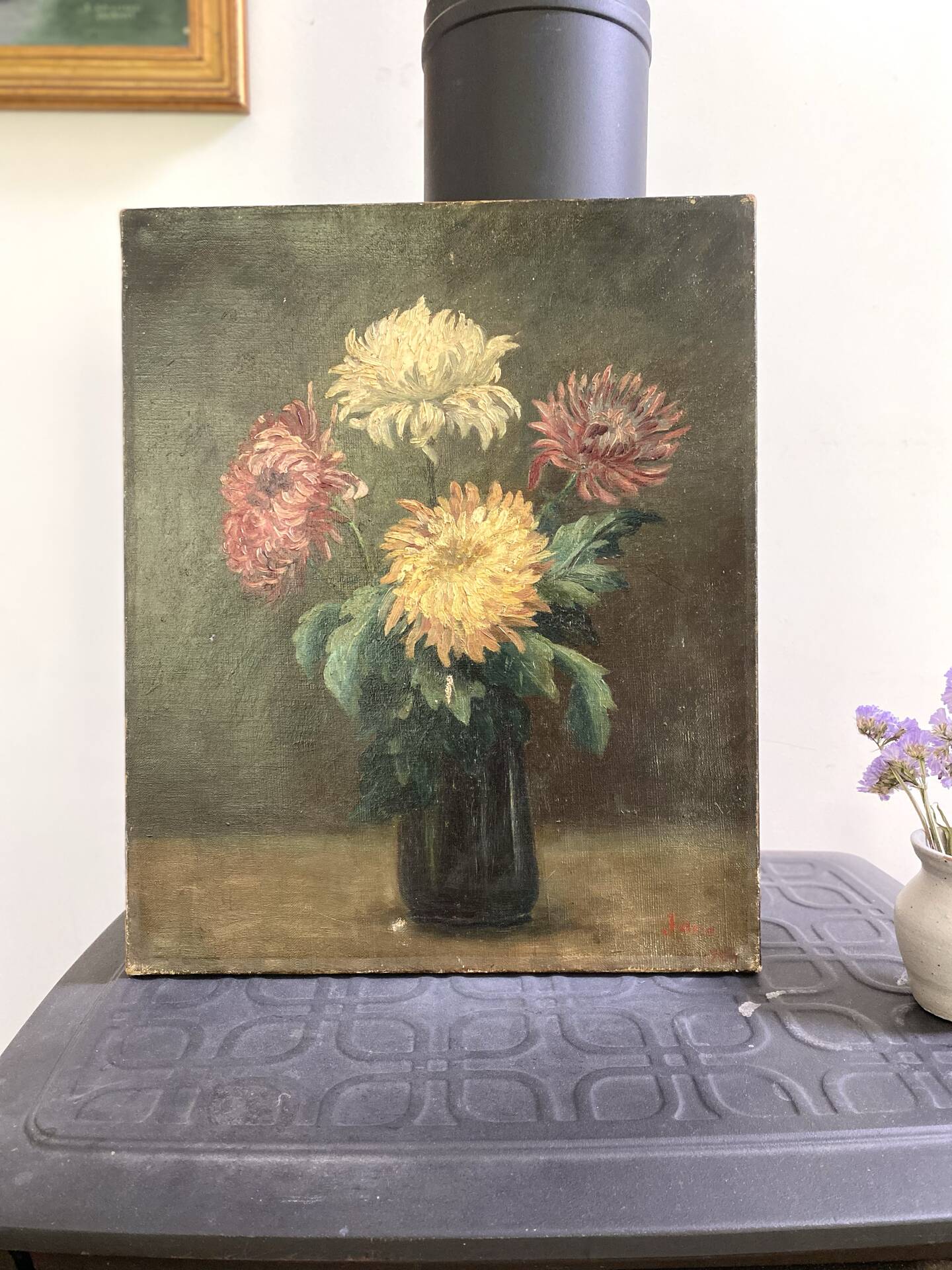 Old Painting Oil on Canvas Late 19th Century – Still Life with Chrysanthemums