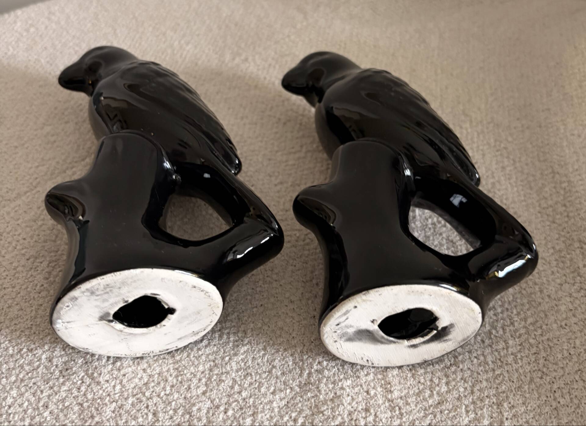 Pair of Mid-Century Gloss Black Ceramic Bird Figurines (Ravens/Crows)