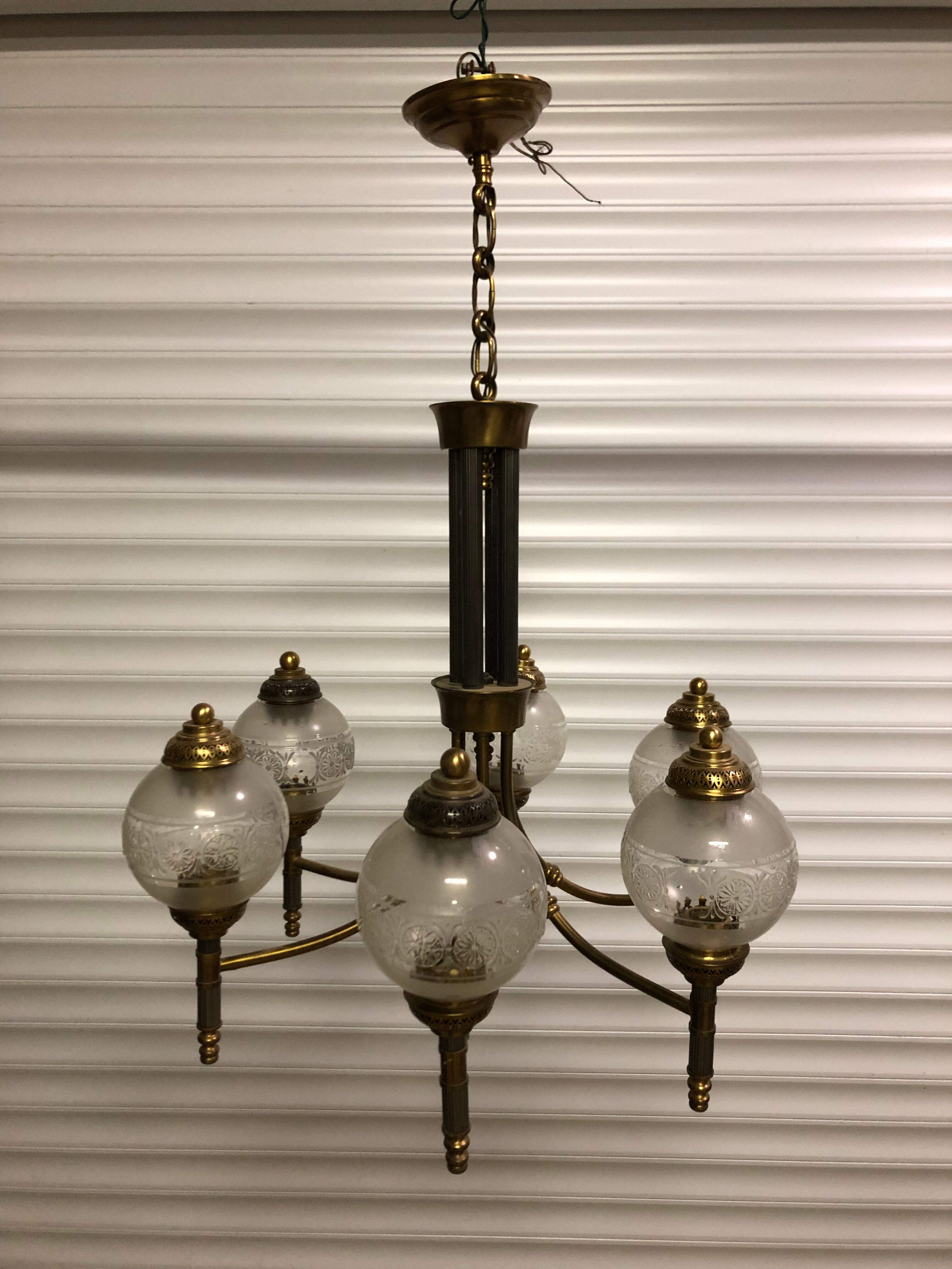 Glass and brass suspension and its vintage sconces