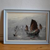 peinture marine voiliers bord de mer en Asie HSP signé