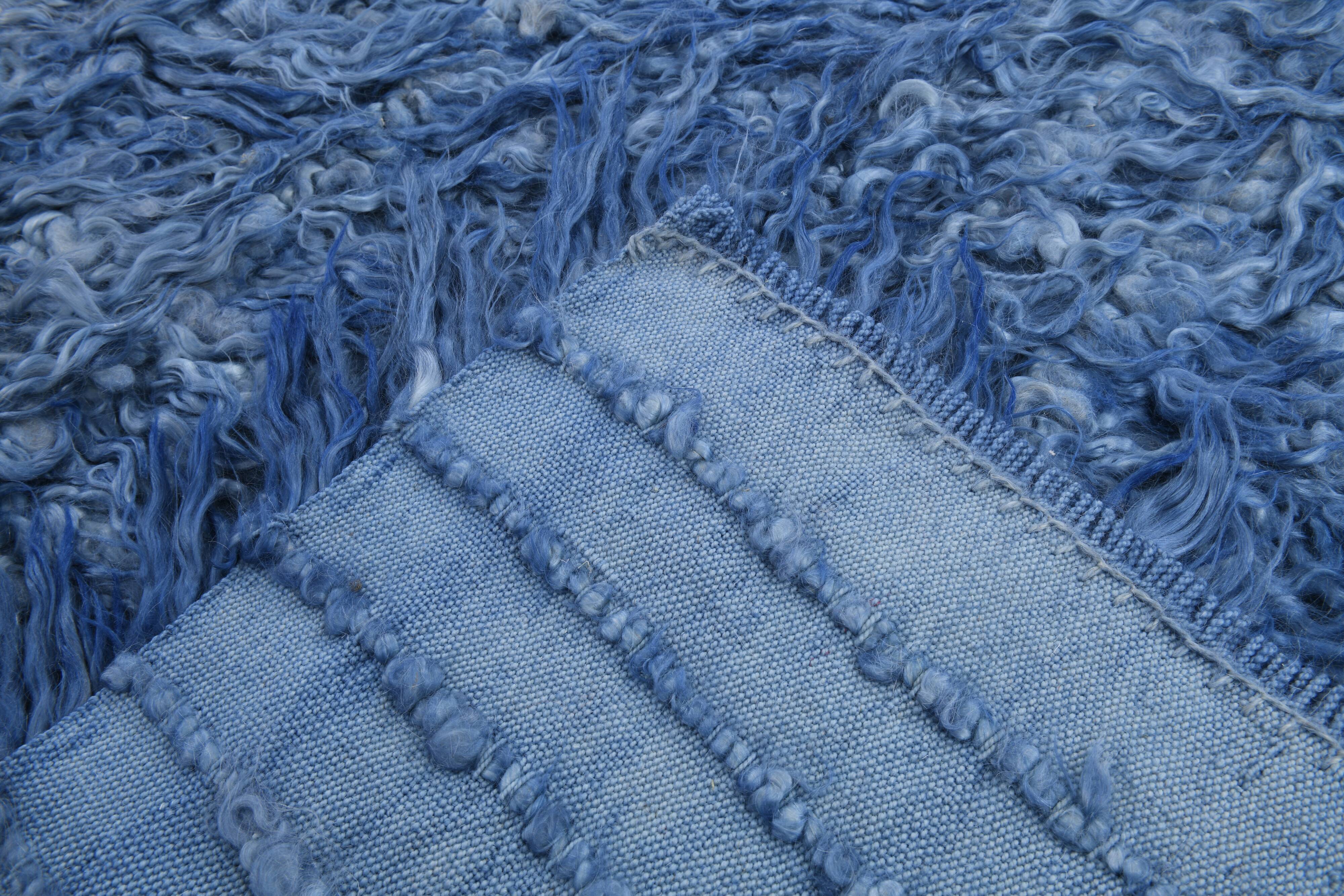 4x9 handmade wool blue vintage rug, 122x266cm