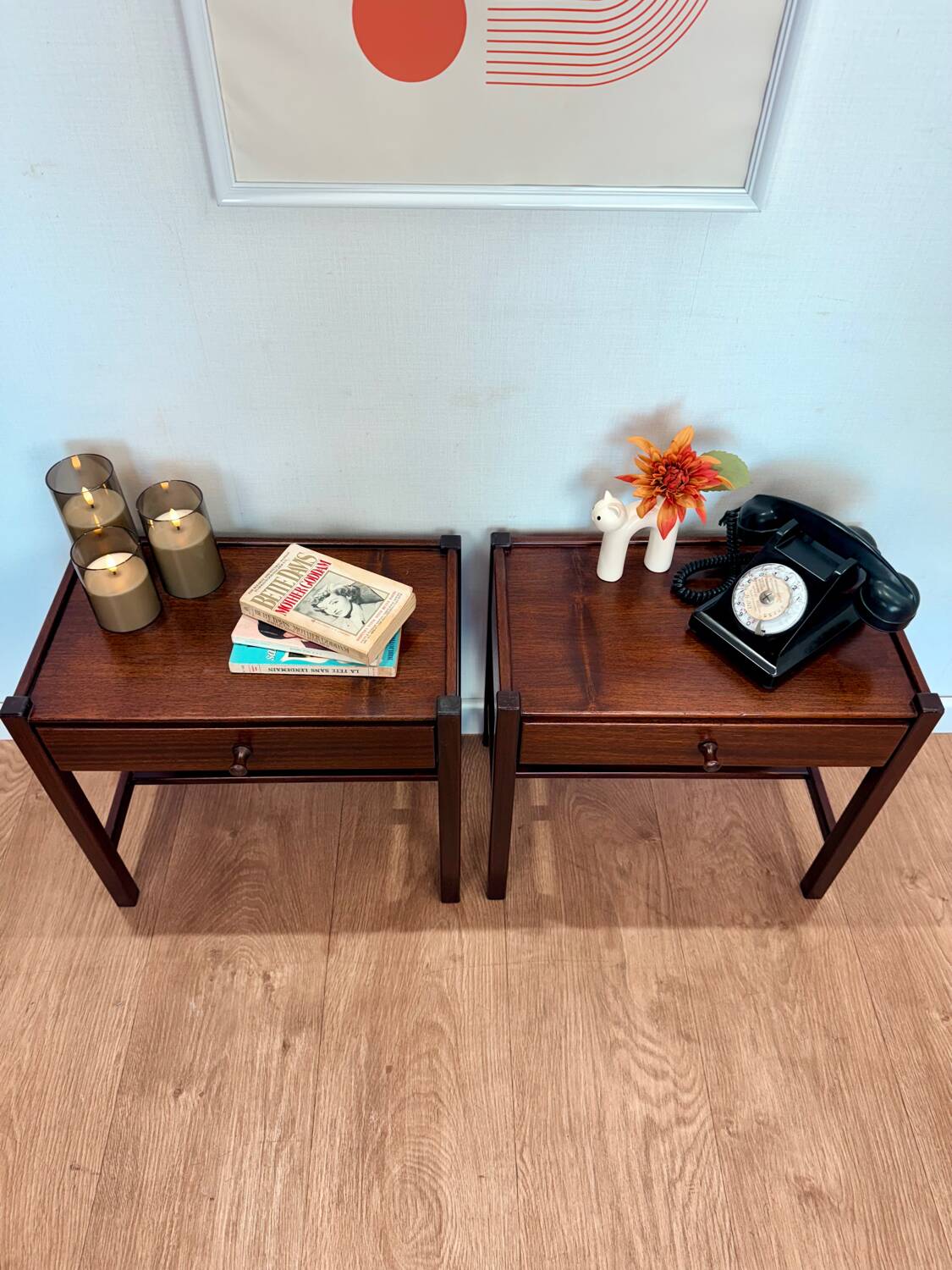 Pair of walnut bedside tables designed by Jacques Hauville for Roche Bobois.