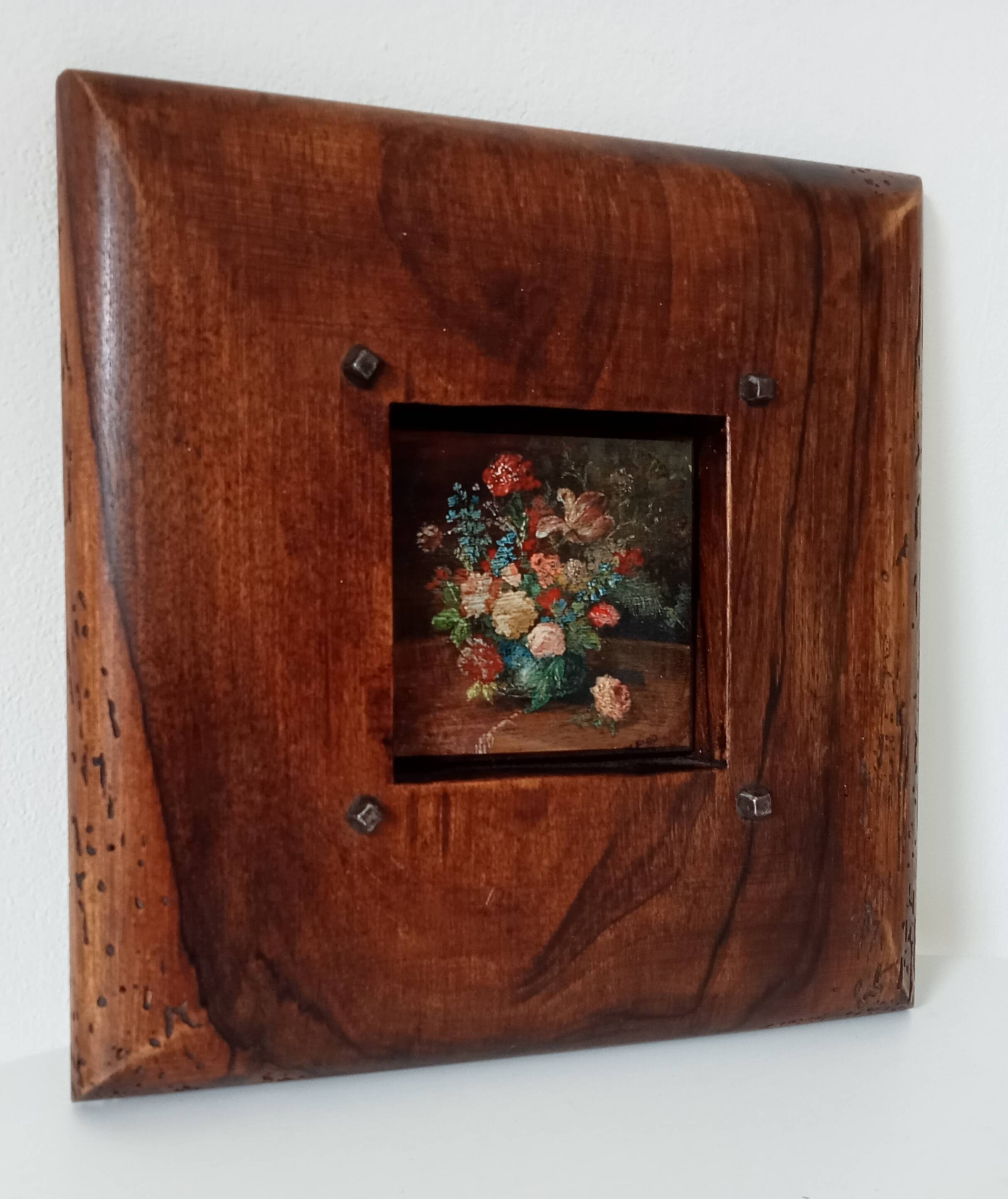 Tableau miniature vintage nature morte huile sur planche