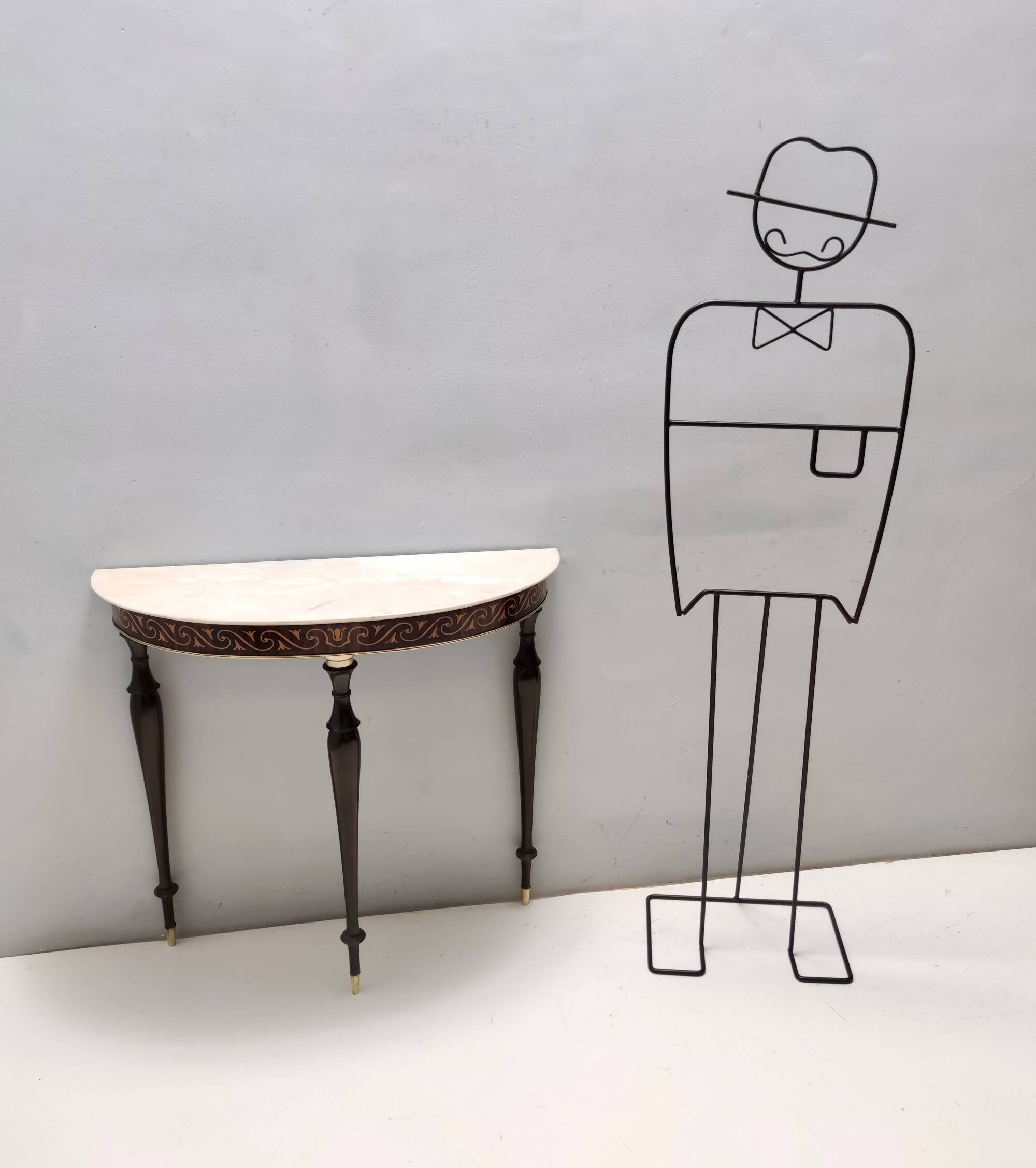 Beech and Black Walnut Console Table with a Demilune Marble Top