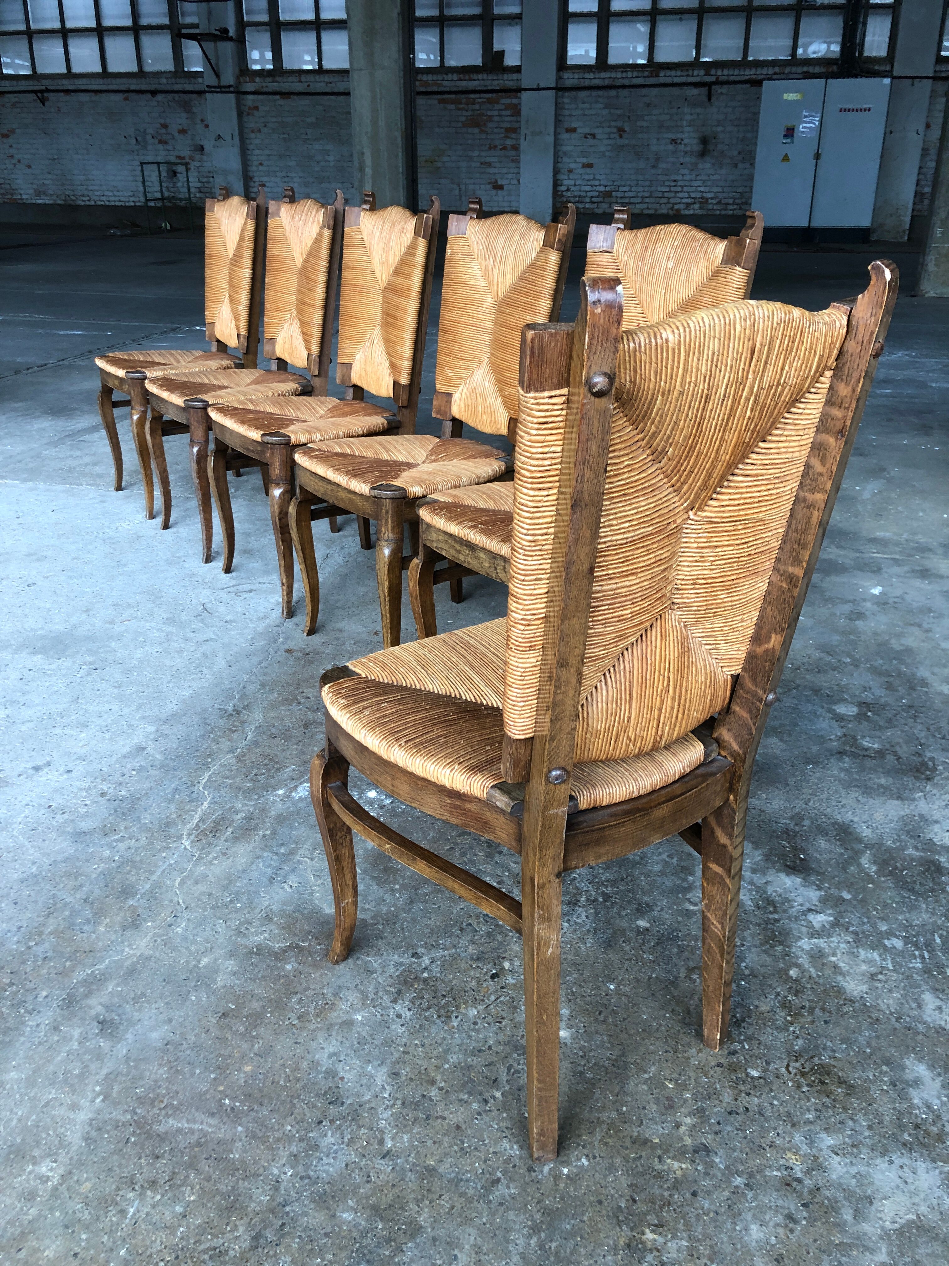 Dining chairs with rush made of oak wood, France 1950s, Set of 6