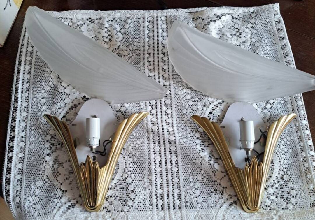 Paire d’appliques Art Déco “plume” en verre satiné