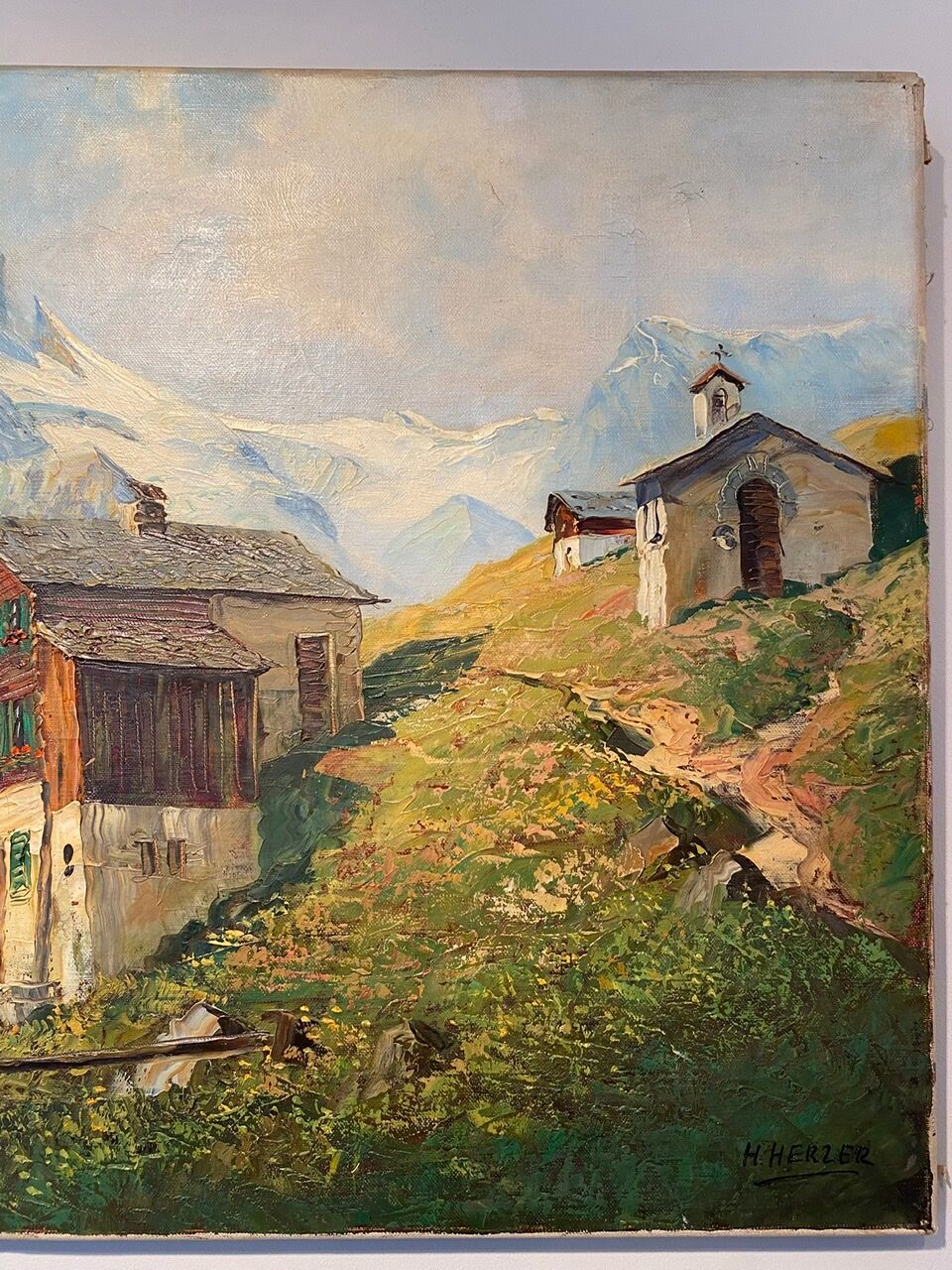 Old painting, Swiss mountain landscape signed H Herzer, mid-XX century