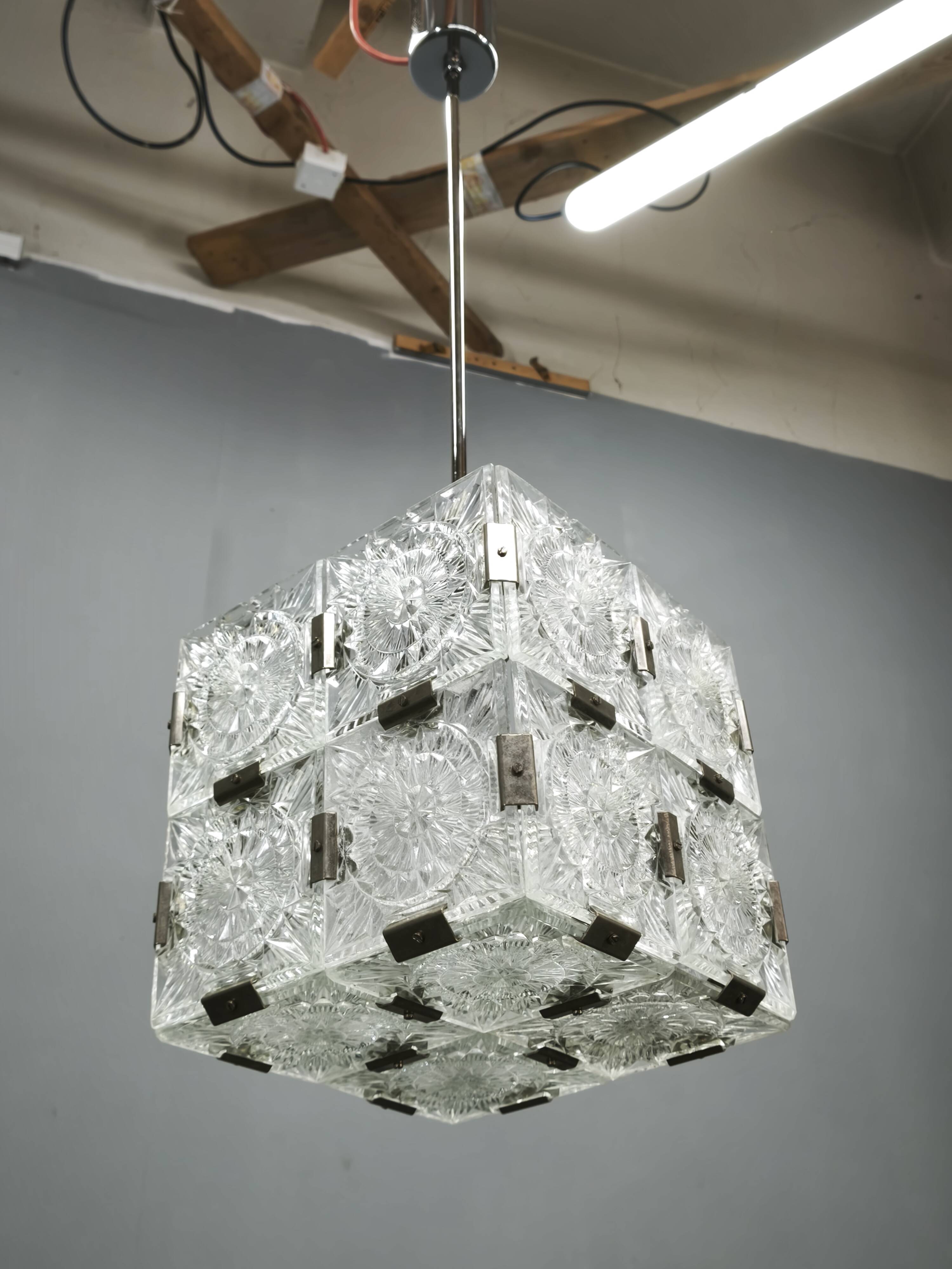 1970s Czech Geometric Pressed Glass and Chrome Cube Pendant Light