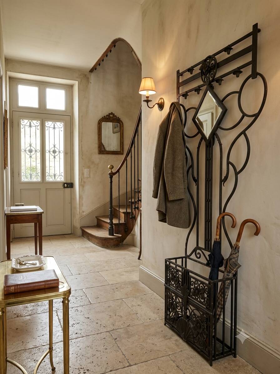 Art Deco coat rack wardrobe in wrought iron from the 1930s.