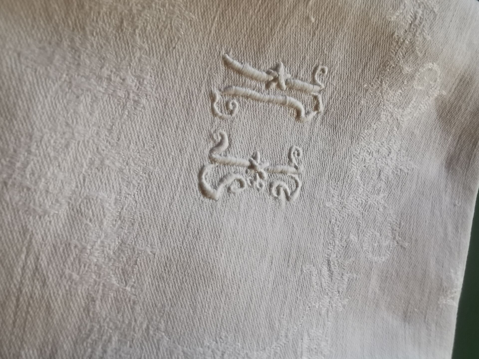 12 old damask linen napkins with monogram, 60x74 cm