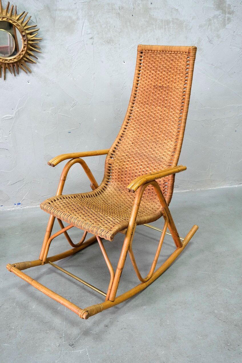Rocking chair et table d’appoint en bambou de FM, années 1950