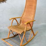 Mid-century bamboo and brass rocking chair and side table from fm, 1950s, set of 2.
