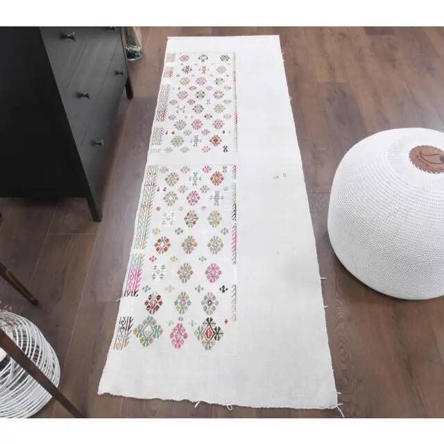Vintage Turkish Oushak handmade wool cotton white kilim runner rug 68x215