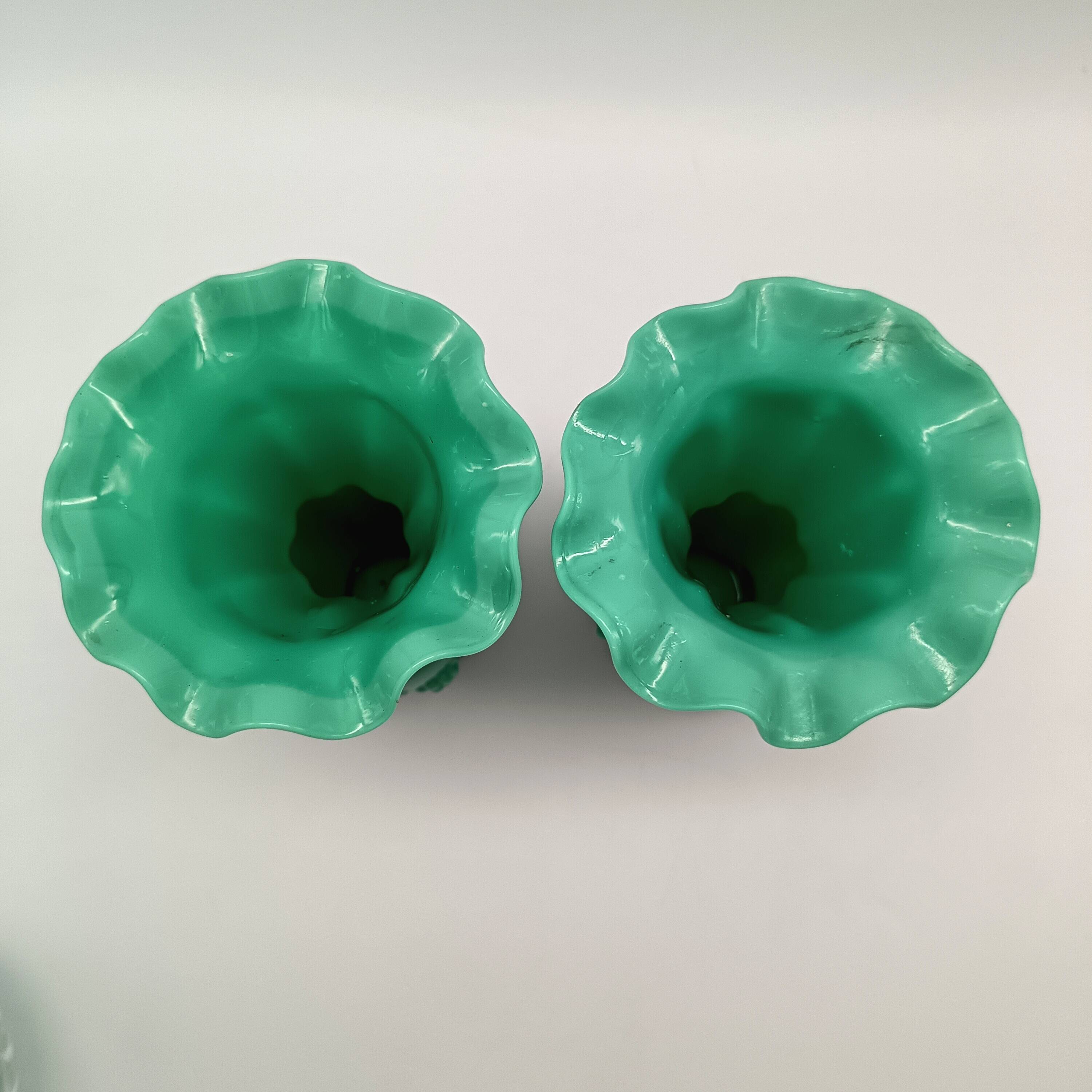 Pair of antique green opaline fairground vases, vintage, french