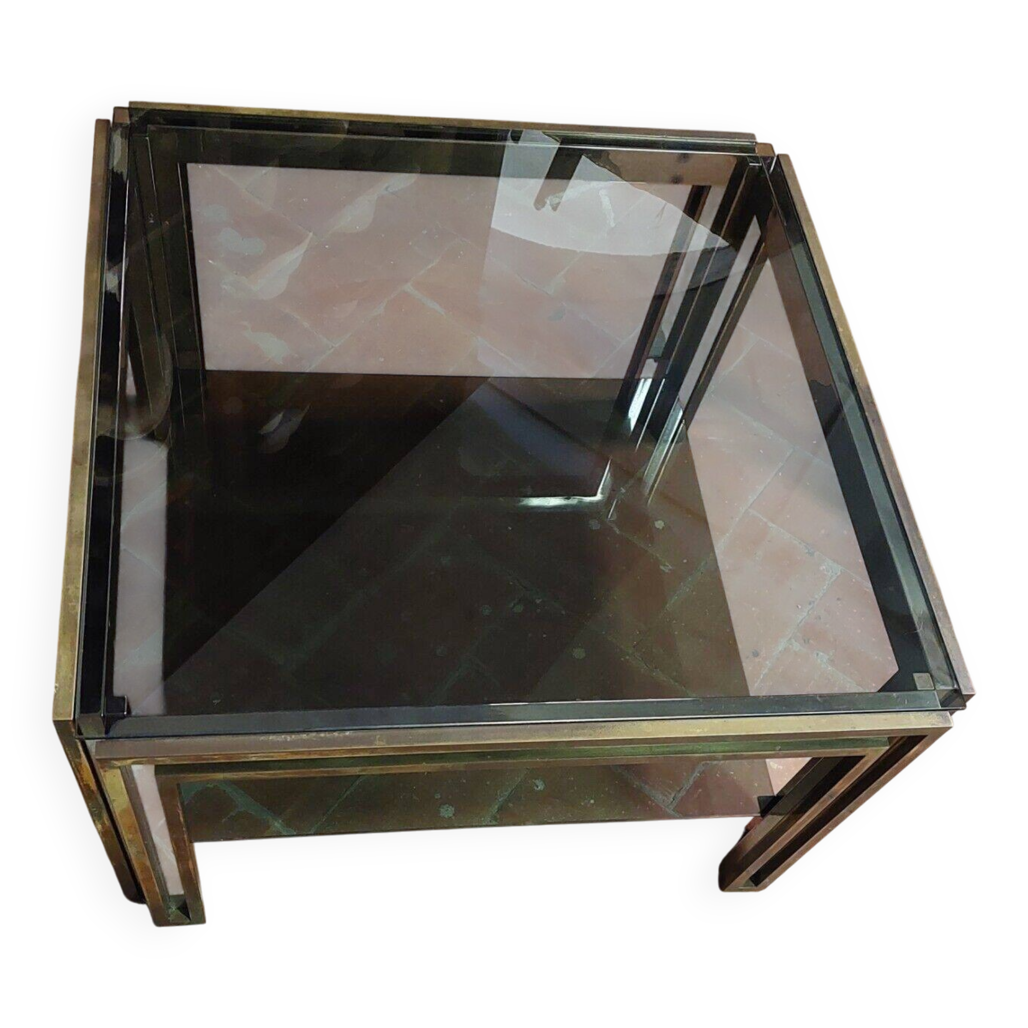 Smoked coffee table, brass, chromed metal, glass, 70s