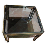 Smoked coffee table, brass, chromed metal, glass, 70s