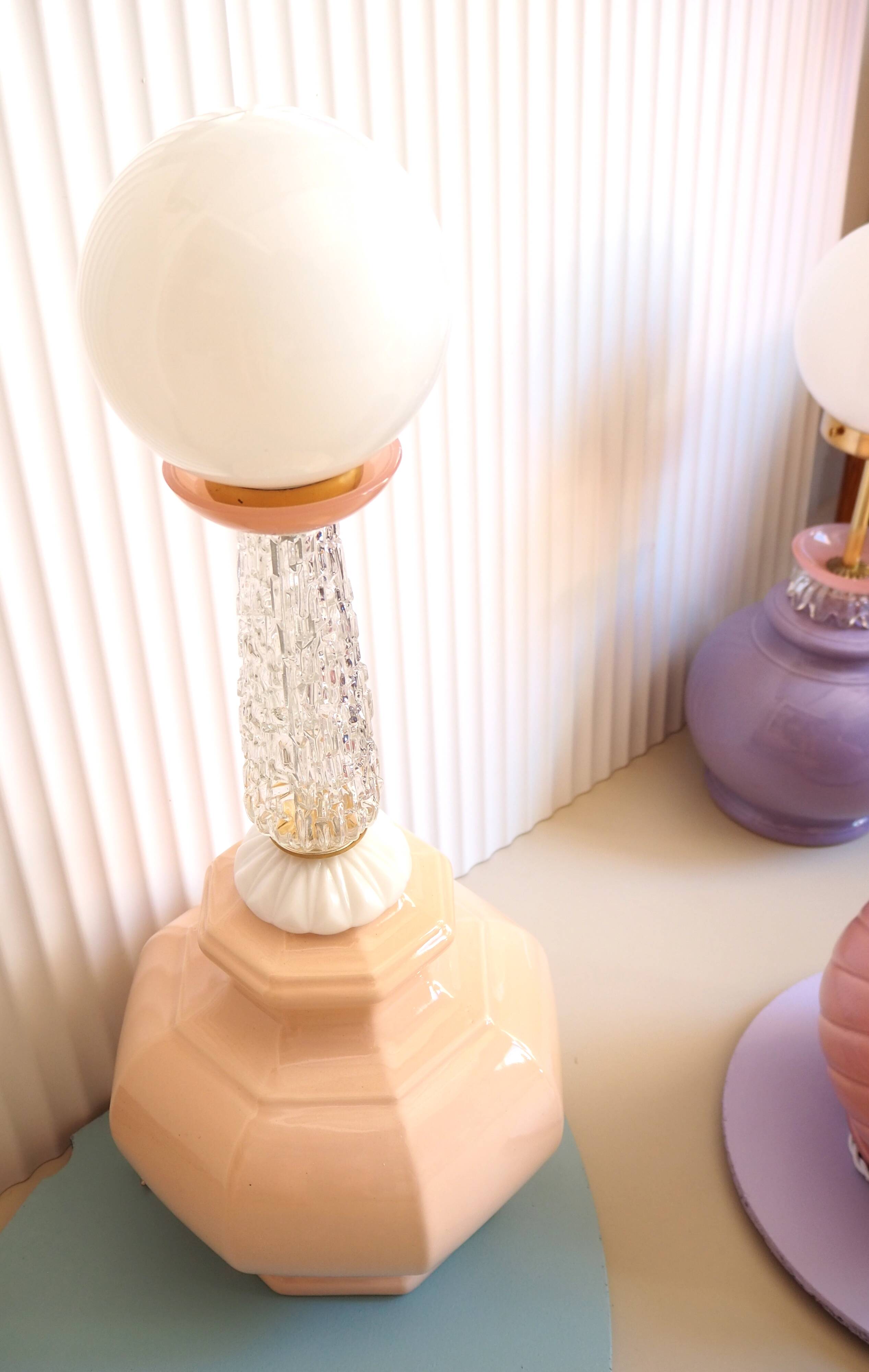 Table lamp pink opal, glass and brass